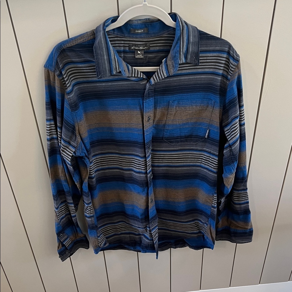 Eddie Bauer Blue and Brown Striped Men's shirt
